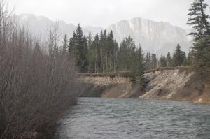 Looking down stream, over
smaller right channel, Yamniska in background