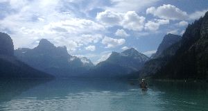 Edel heading South, into the nicest part of Maligne lake.